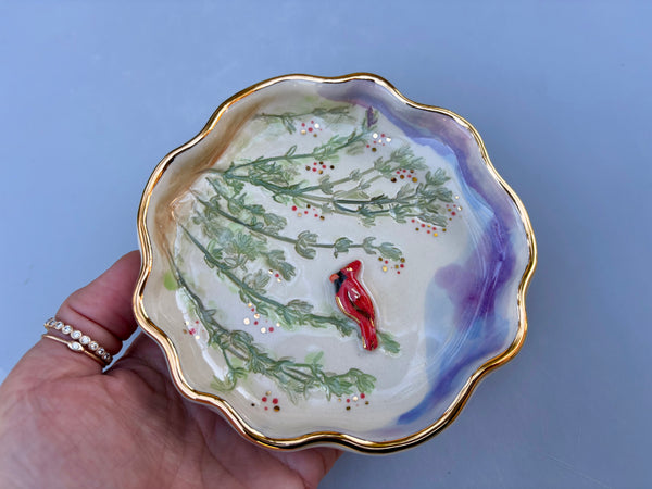Cardinal jewelry Holder,  Ceramic Dish with Gold Accents