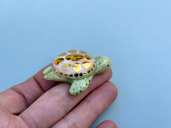 Tiny Guardian: Pink Sea Turtle, Ceramic Sculpture with 22kt Gold Accents