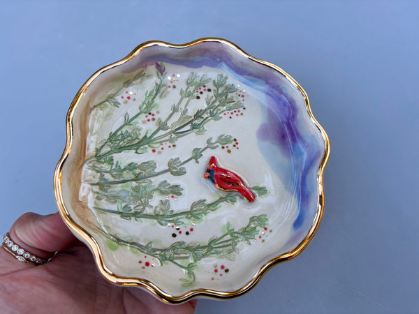 Cardinal jewelry Holder,  Ceramic Dish with Gold Accents