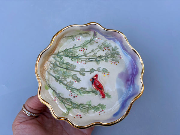 Cardinal jewelry Holder,  Ceramic Dish with Gold Accents
