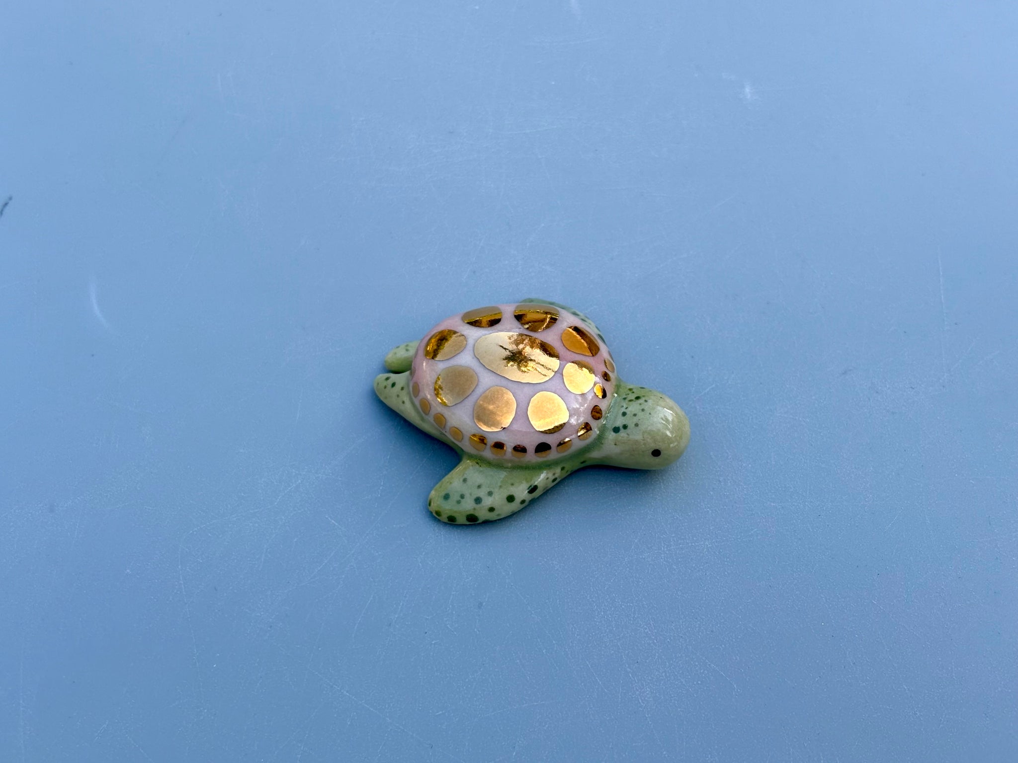 Tiny Guardian: Pink Sea Turtle, Ceramic Sculpture with 22kt Gold Accents