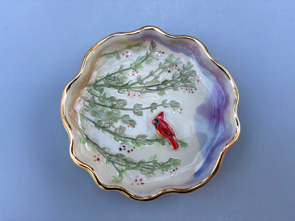 Cardinal jewelry Holder,  Ceramic Dish with Gold Accents