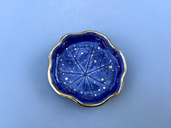 Small Blue Nasturtium Leaf, Ceramic Dish with Gold Accents