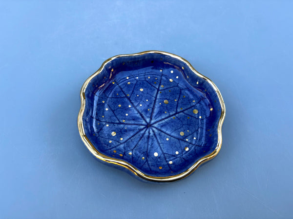 Small Blue Nasturtium Leaf, Ceramic Dish with Gold Accents