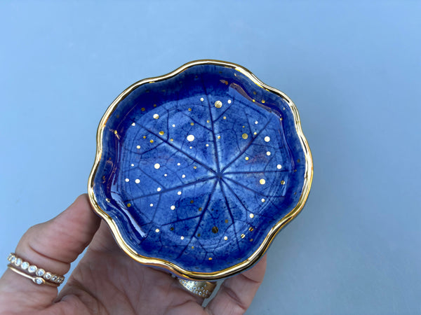 Small Blue Nasturtium Leaf, Ceramic Dish with Gold Accents