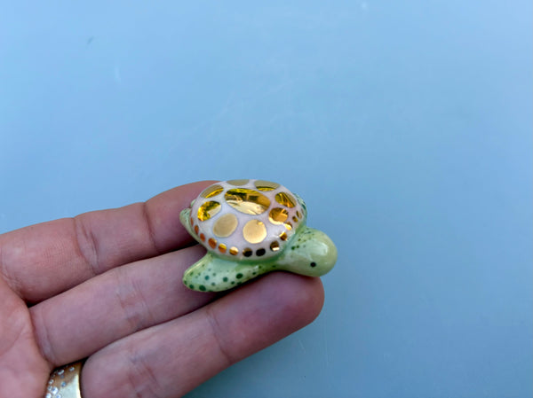 Tiny Guardian: Pink Sea Turtle, Ceramic Sculpture with 22kt Gold Accents