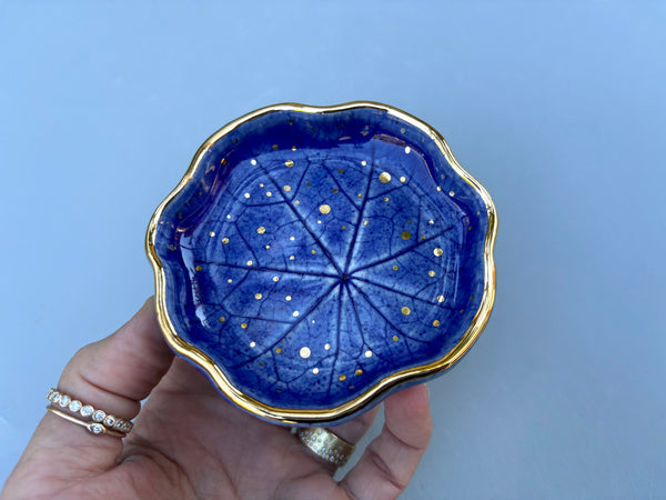 Small Blue Nasturtium Leaf, Ceramic Dish with Gold Accents