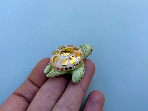 Tiny Guardian: Pink Sea Turtle, Ceramic Sculpture with 22kt Gold Accents
