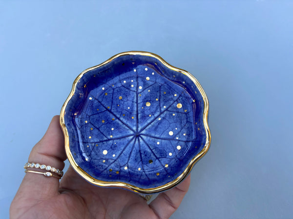Small Blue Nasturtium Leaf, Ceramic Dish with Gold Accents