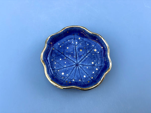 Small Blue Nasturtium Leaf, Ceramic Dish with Gold Accents