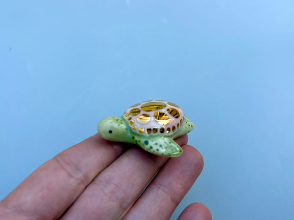 Tiny Guardian: Pink Sea Turtle, Ceramic Sculpture with 22kt Gold Accents