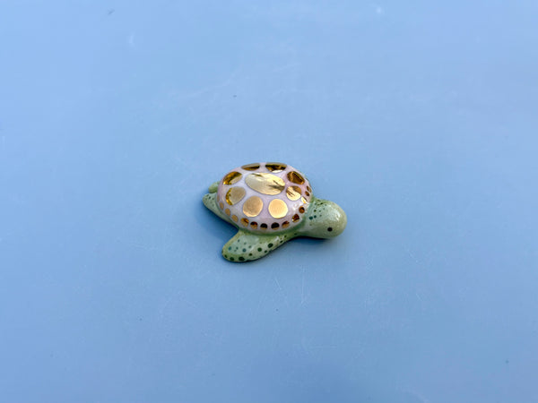 Tiny Guardian: Pink Sea Turtle, Ceramic Sculpture with 22kt Gold Accents