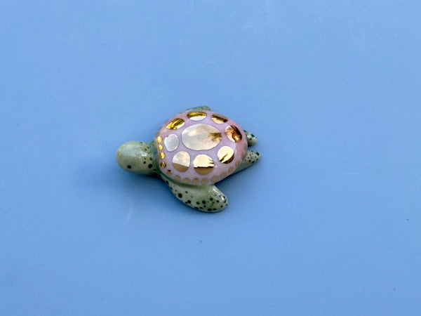 Tiny Guardian: Pink Sea Turtle, Ceramic Sculpture with 22kt Gold Accents