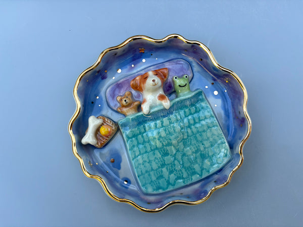 Sweet Dream Dog Jewelry Holder, Blue Ceramic Trinket Dish with Gold Accent