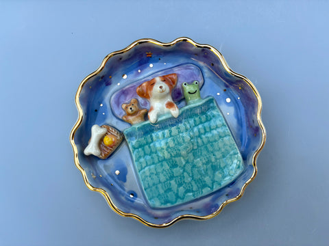 Sweet Dream Dog Jewelry Holder, Blue Ceramic Trinket Dish with Gold Accent