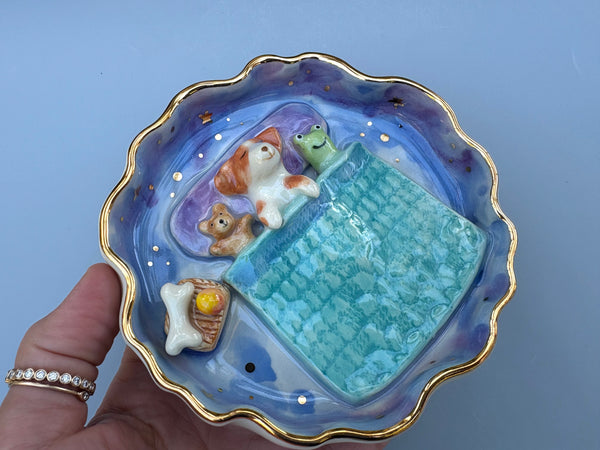 Sweet Dream Dog Jewelry Holder, Blue Ceramic Trinket Dish with Gold Accent