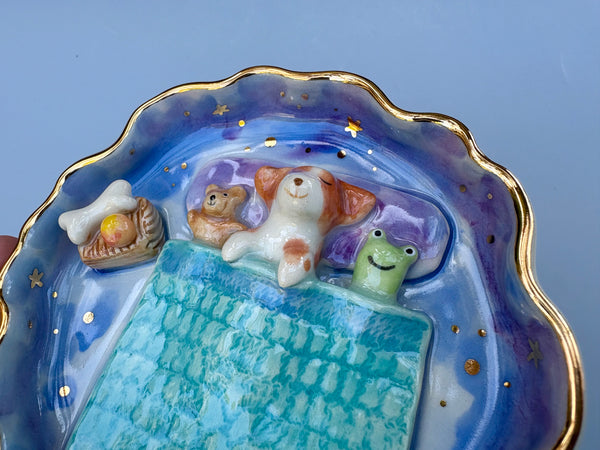 Sweet Dream Dog Jewelry Holder, Blue Ceramic Trinket Dish with Gold Accent
