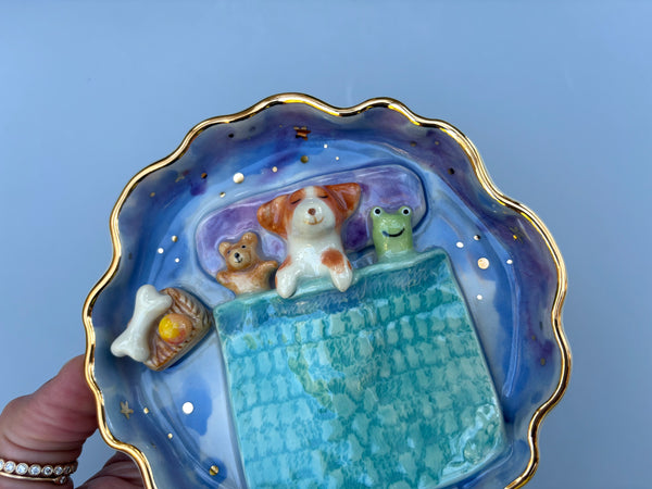 Sweet Dream Dog Jewelry Holder, Blue Ceramic Trinket Dish with Gold Accent
