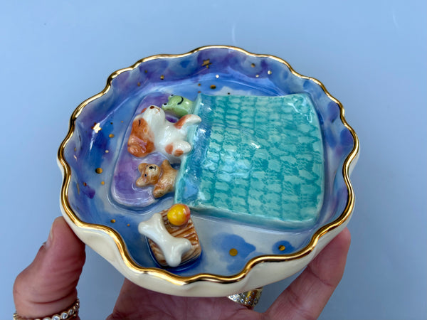 Sweet Dream Dog Jewelry Holder, Blue Ceramic Trinket Dish with Gold Accent