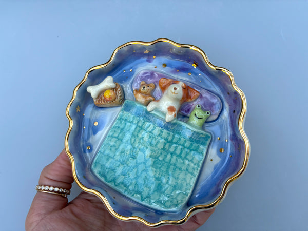 Sweet Dream Dog Jewelry Holder, Blue Ceramic Trinket Dish with Gold Accent