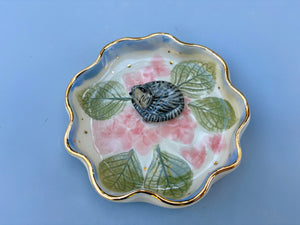 Sleeping Tabby Cat Jewelry Dish with Hydrangea flowers and Gold Accent