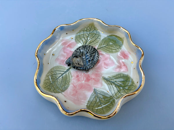 Sleeping Tabby Cat Jewelry Dish with Hydrangea flowers and Gold Accent