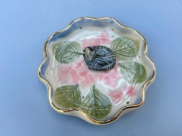 Sleeping Tabby Cat Jewelry Dish with Hydrangea flowers and Gold Accent