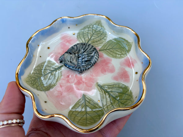 Sleeping Tabby Cat Jewelry Dish with Hydrangea flowers and Gold Accent