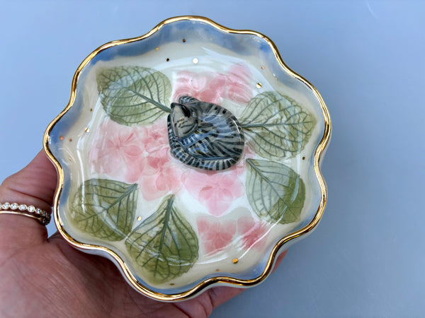 Sleeping Tabby Cat Jewelry Dish with Hydrangea flowers and Gold Accent
