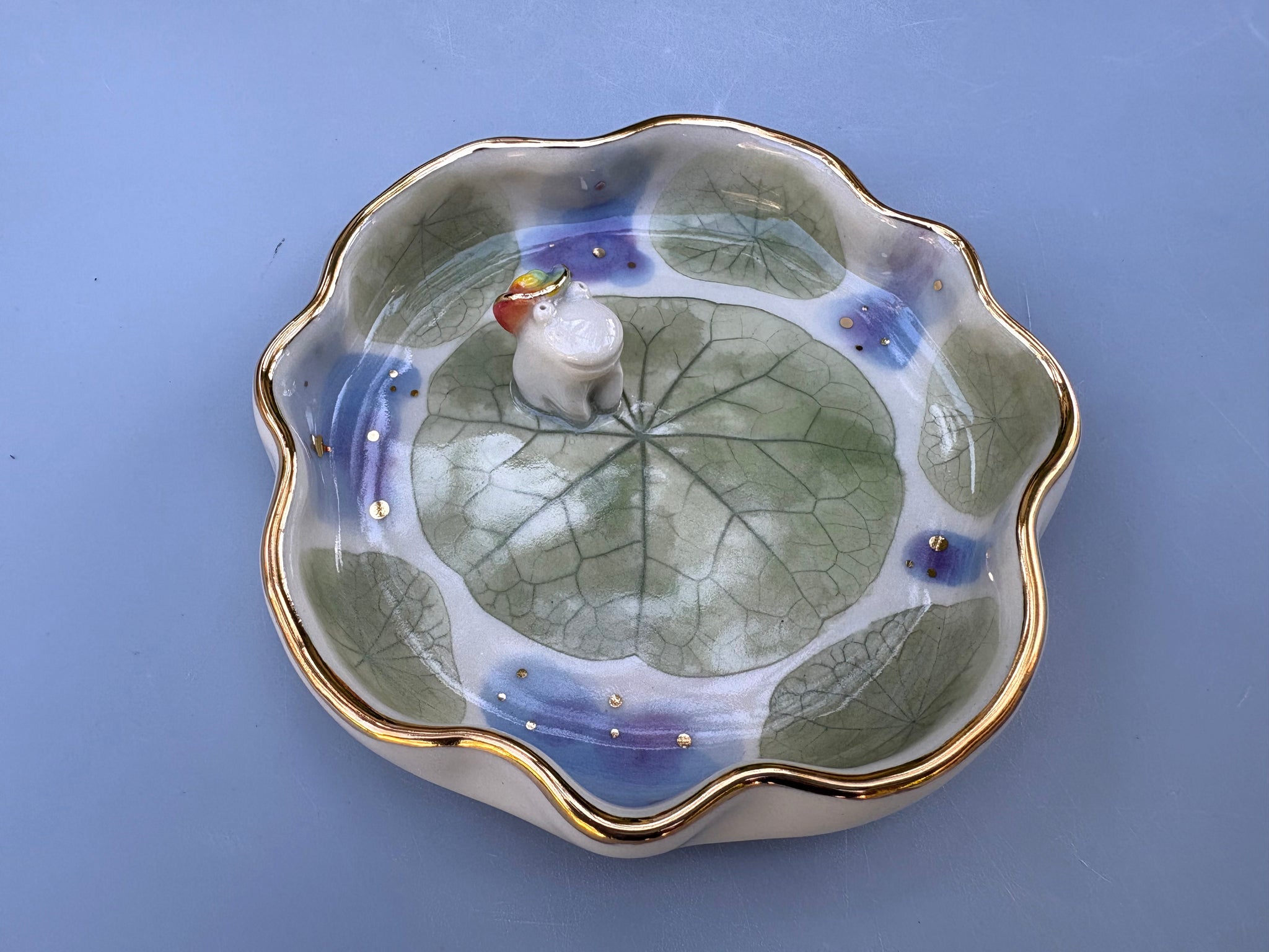 Cowboy Frog Jewelry Holder, Ceramic Dish with Leaf Imprint - Vuvu Ceramics