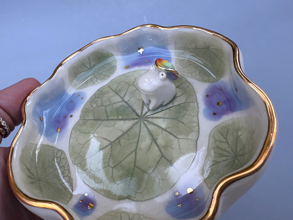 Cowboy Frog Jewelry Holder, Ceramic Dish with Leaf Imprint - Vuvu Ceramics
