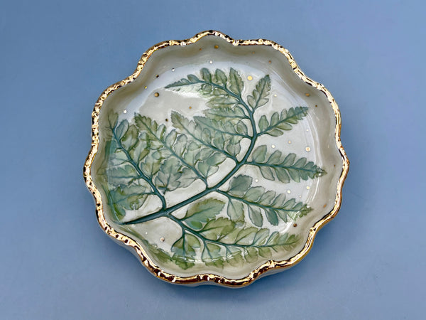 Spiral Fern Leaf Jewelry Holder, Ceramic Dish with Gold Accent