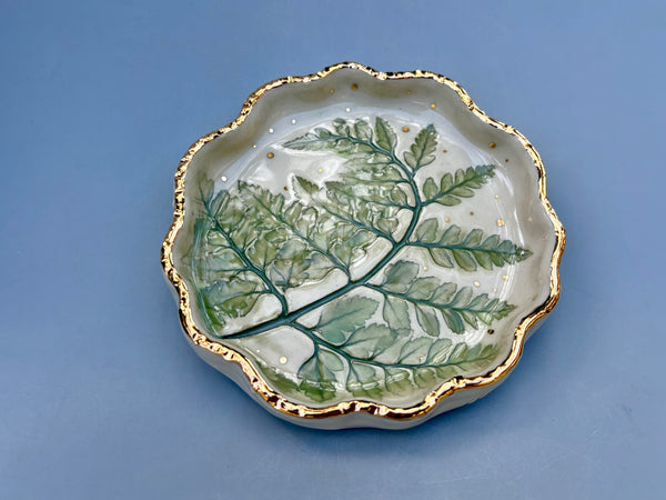 Spiral Fern Leaf Jewelry Holder, Ceramic Dish with Gold Accent