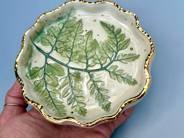 Spiral Fern Leaf Jewelry Holder, Ceramic Dish with Gold Accent