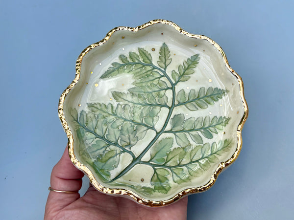 Spiral Fern Leaf Jewelry Holder, Ceramic Dish with Gold Accent