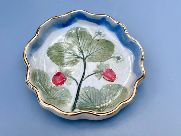 Strawberry Patch Jewelry Dish, Ceramic with Real Gold