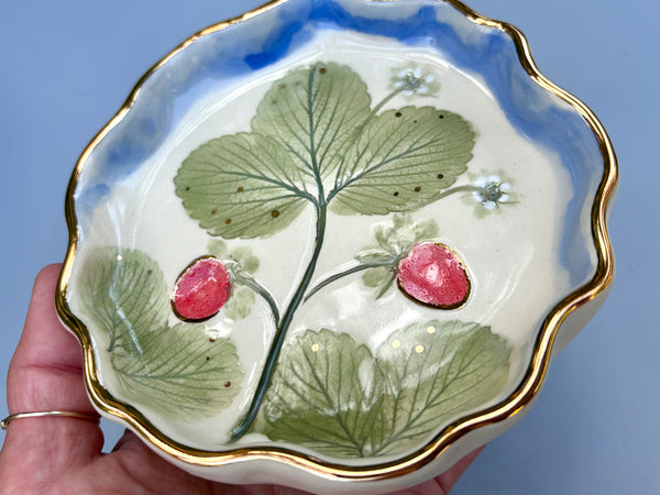 Strawberry Patch Jewelry Dish, Ceramic with Real Gold