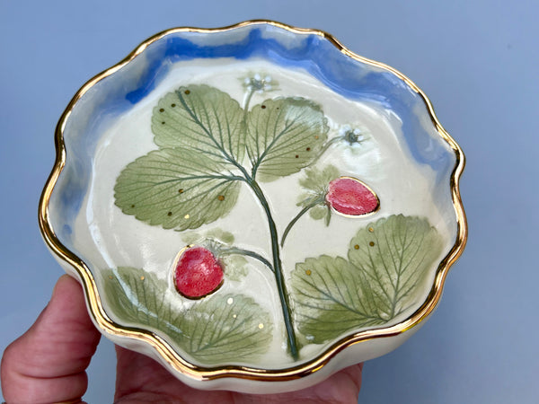 Strawberry Patch Jewelry Dish, Ceramic with Real Gold