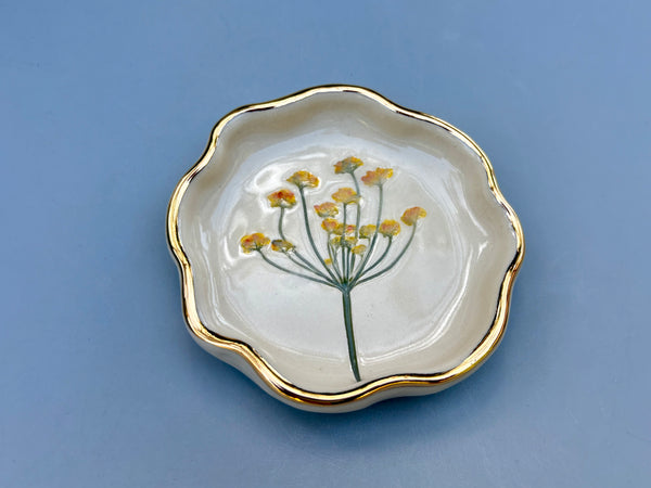 Small Fennel Jewelry Holder, Ceramic Dish with Flower Imprint