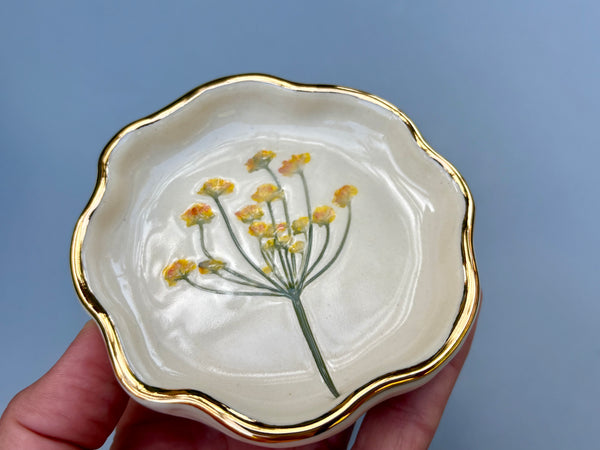 Small Fennel Jewelry Holder, Ceramic Dish with Flower Imprint