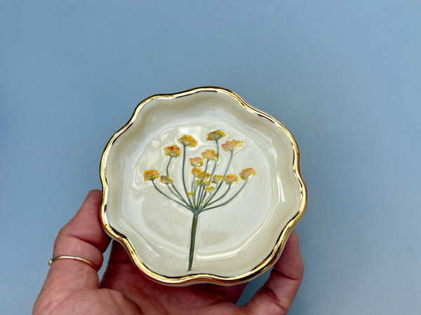 Small Fennel Jewelry Holder, Ceramic Dish with Flower Imprint