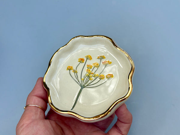 Small Fennel Jewelry Holder, Ceramic Dish with Flower Imprint