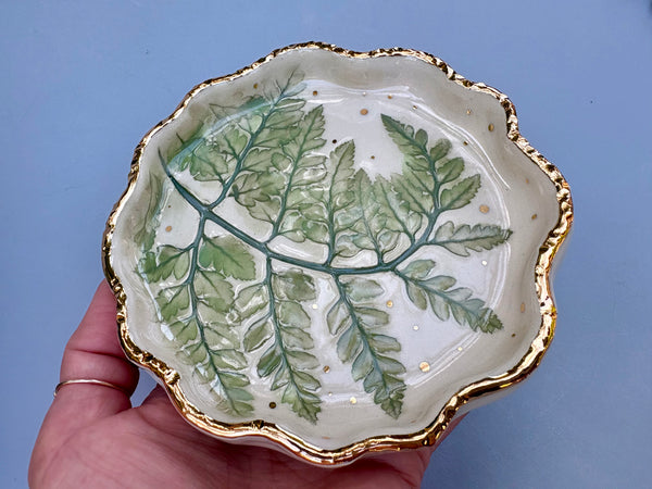 Spiral Fern Leaf Jewelry Holder, Ceramic Dish with Gold Accent