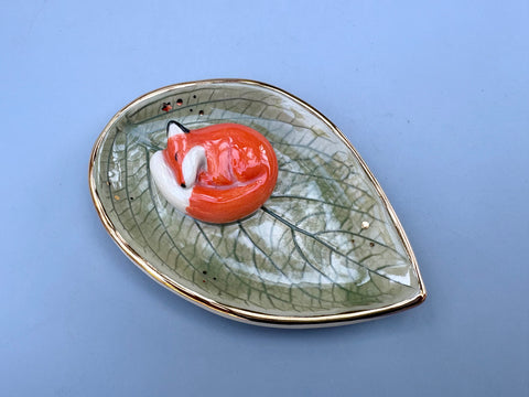 Small Sleeping Fox Jewelry Holder, Ceramic Leaf Trinket Dish with Gold Accent