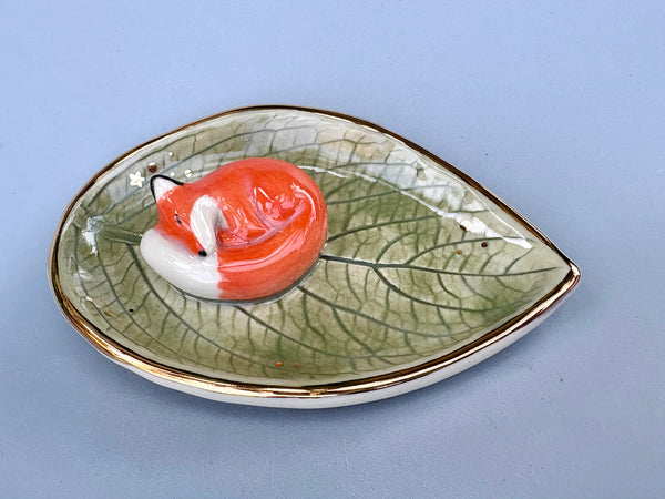 Small Sleeping Fox Jewelry Holder, Ceramic Leaf Trinket Dish with Gold Accent