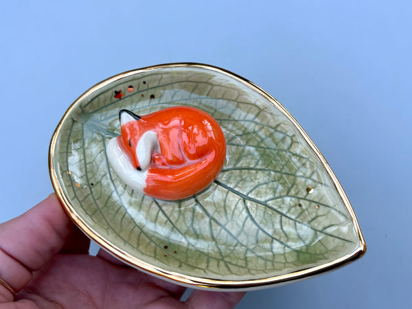Small Sleeping Fox Jewelry Holder, Ceramic Leaf Trinket Dish with Gold Accent
