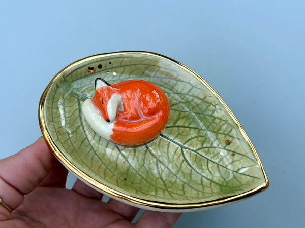 Small Sleeping Fox Jewelry Holder, Ceramic Leaf Trinket Dish with Gold Accent