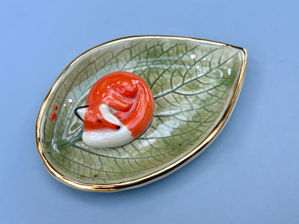 Small Sleeping Fox Jewelry Holder, Ceramic Leaf Trinket Dish with Gold Accent
