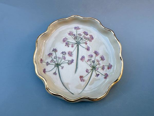 Fairy Garden Flowers Jewelry Holder, Ceramic Dish with Gold Accent
