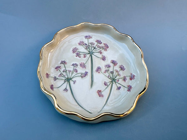 Fairy Garden Flowers Jewelry Holder, Ceramic Dish with Gold Accent
